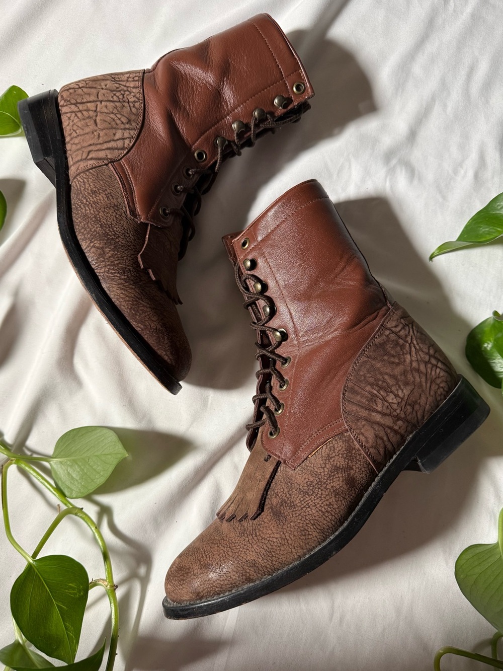 Vintage Tony Lama Lace-Up Leather Western Cowboy Boots | Made in USA | 7.5B